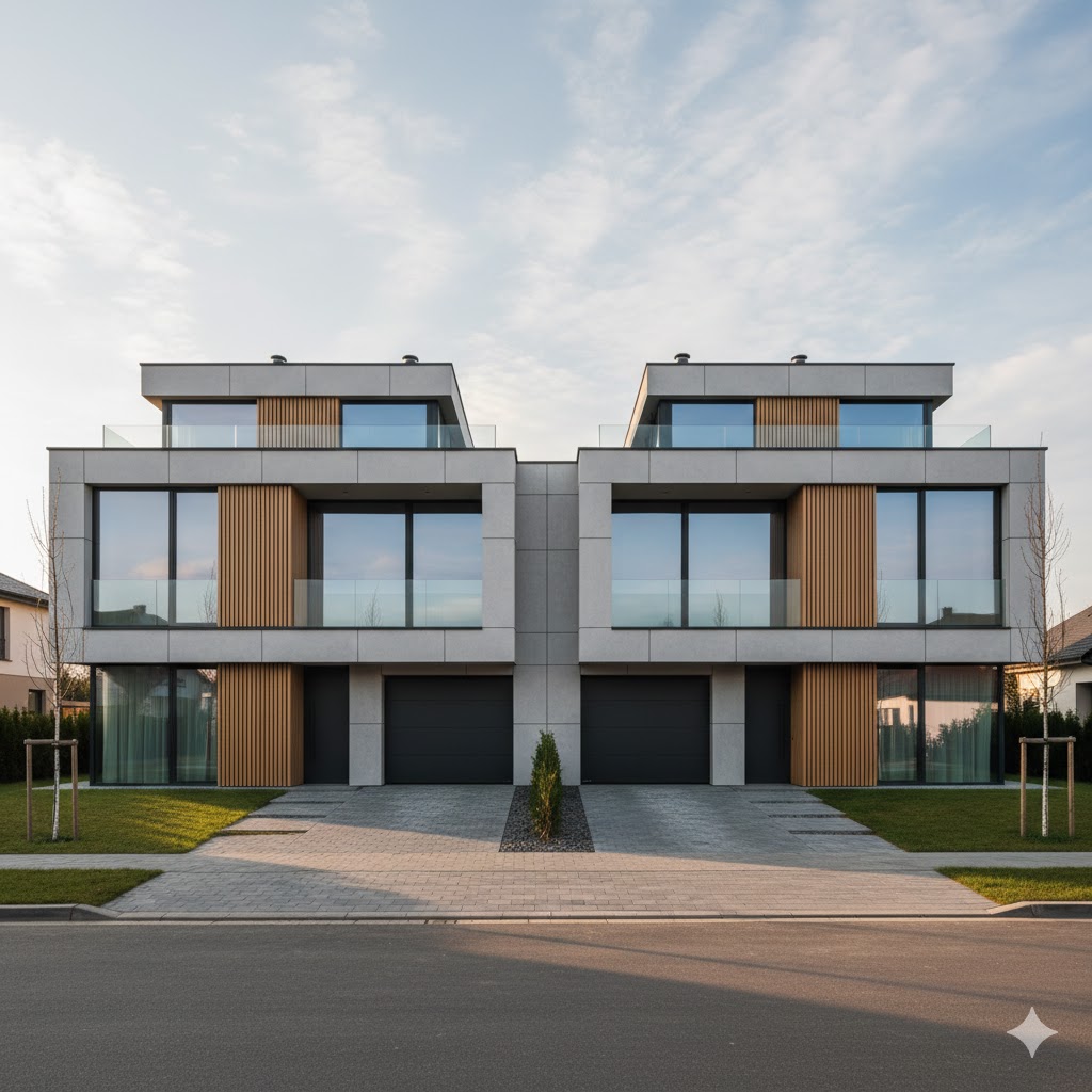Modernistyczna wersja domów bliźniaczych: proste bryły, duże okna, beton i szkło